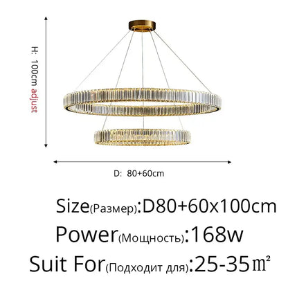 Modern golden double ring crystal led ceiling chandelier dining room