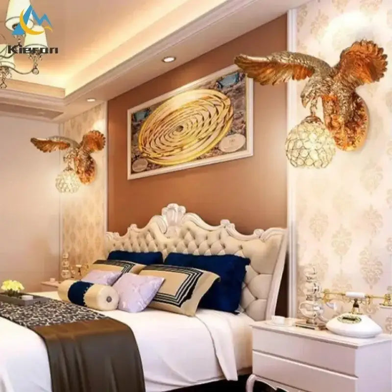 Modern golden eagle crystal led wall lamp for bedroom living room