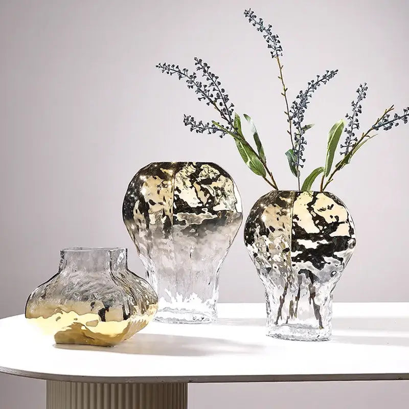 Modern golden geometric glass vase set gold & black living room decor