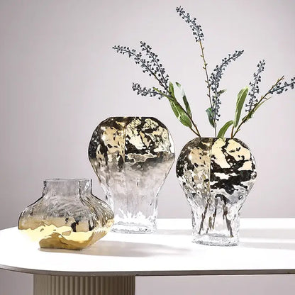 Modern golden geometric glass vase set gold & black living room decor