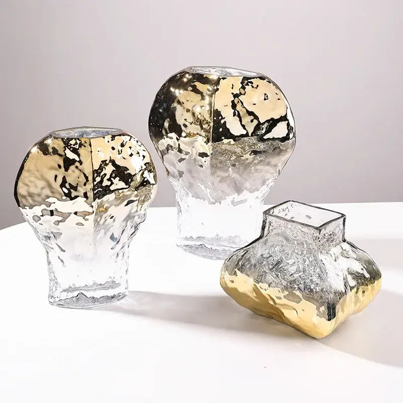 Modern golden geometric glass vase set gold & black living room decor