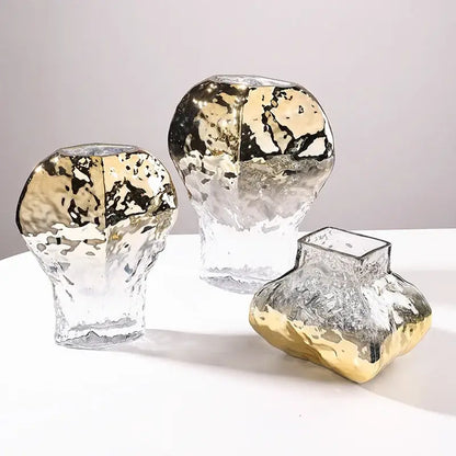 Modern golden geometric glass vase set gold & black living room decor