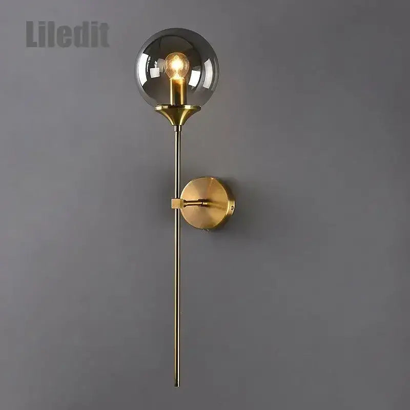 Modern golden glass ball wall lamp bedroom smoked globe sconce