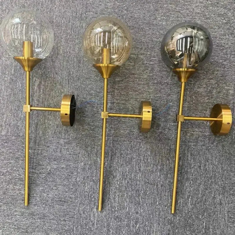 Modern golden glass ball wall lamp bedroom smoked globe sconce