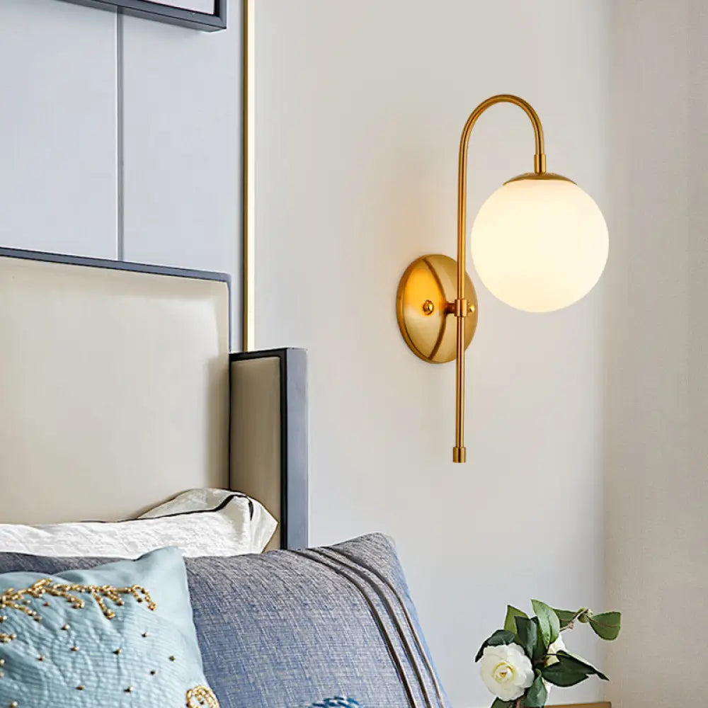 DecorBites™ Modern Golden Gooseneck Wall Sconce with Frosted Glass Ball Shade for Bedroom
