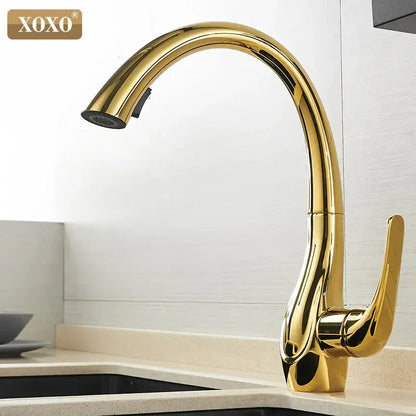 Modern golden kitchen faucet with pull out single handle spray head