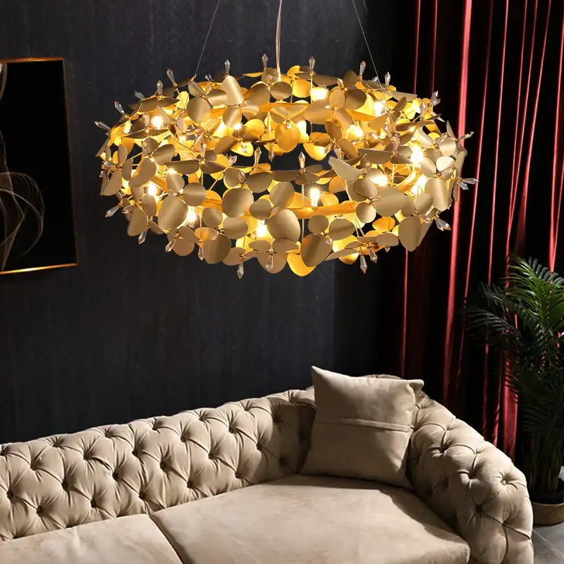 Modern golden leaf crystal firefly ceiling chandelier dining room