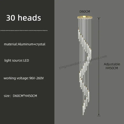 Modern golden led crystal chandelier living room staircase light