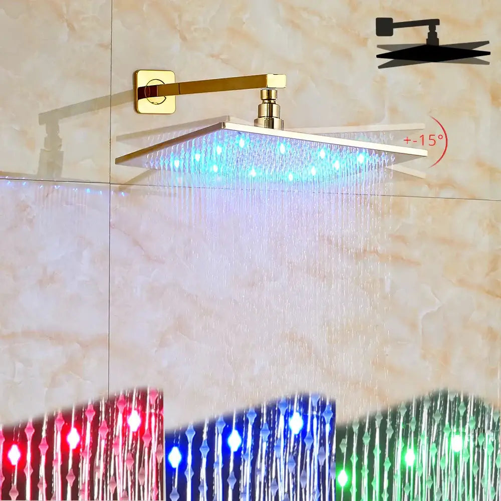 Modern golden led rainfall shower faucet with brass spout for bathroom