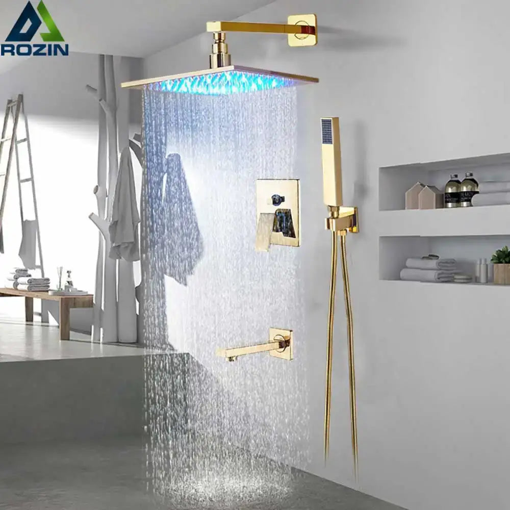 Modern golden led rainfall shower faucet with brass spout for bathroom