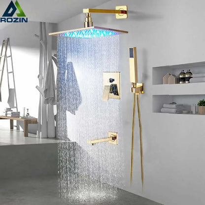 Modern golden led rainfall shower faucet with brass spout for bathroom