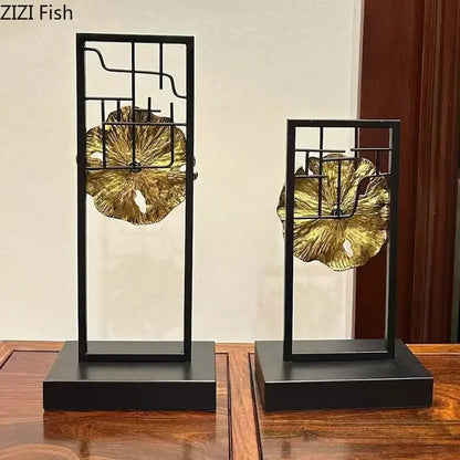 Modern golden lotus leaf framed sculpture living room decor