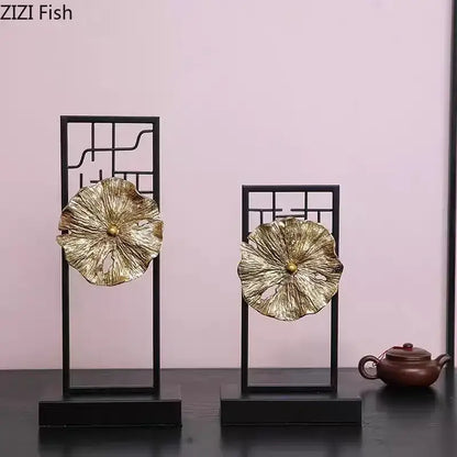 Modern golden lotus leaf framed sculpture living room decor