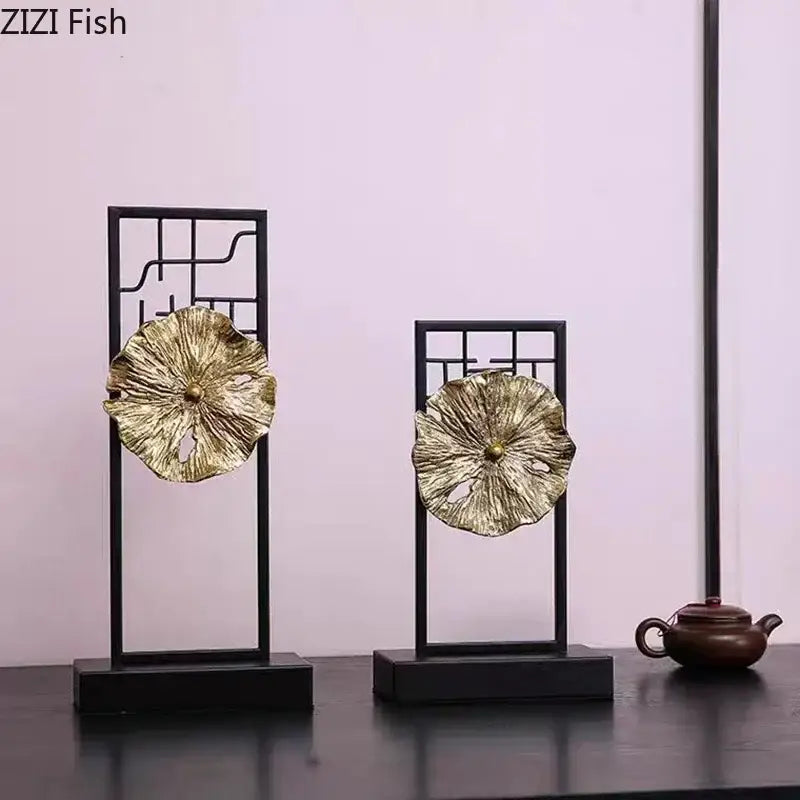 Modern golden lotus leaf framed sculpture living room decor