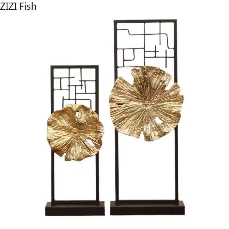 Modern golden lotus leaf framed sculpture living room decor