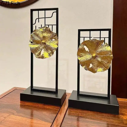Modern golden lotus leaf framed sculpture living room decor