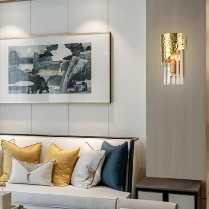 DecorBites™ Modern Golden Metallic Wall Sconce with Crystal Block - Stylish Cylinder Light for Living Room