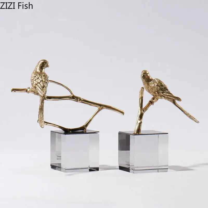 Modern golden parrot bird statue crystal base living room decor