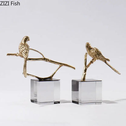 Modern golden parrot bird statue crystal base living room decor