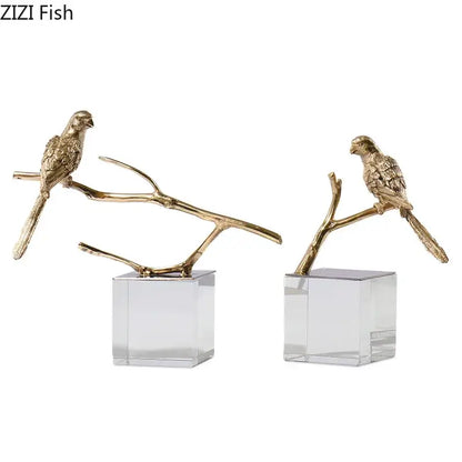 Modern golden parrot bird statue crystal base living room decor