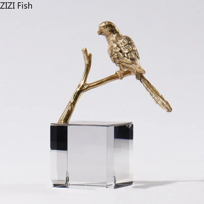 Modern golden parrot bird statue crystal base living room decor