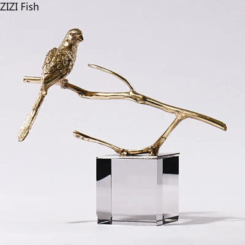 Modern golden parrot bird statue crystal base living room decor