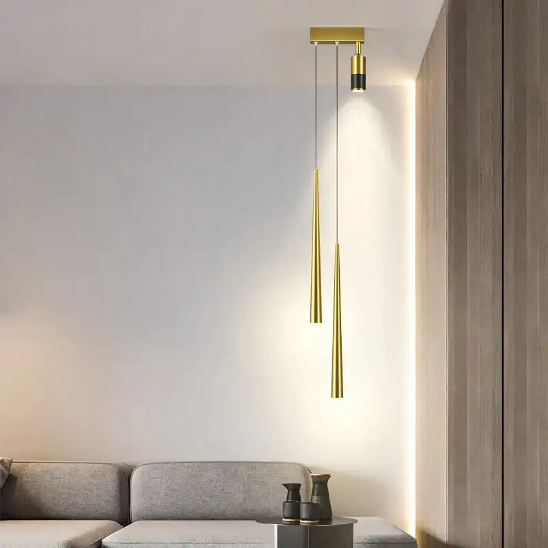 Modern golden pendant chandelier living room sleek cylindrical light