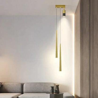 Modern golden pendant chandelier living room sleek cylindrical light
