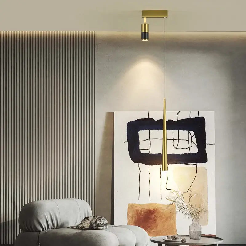 Modern golden pendant chandelier living room sleek cylindrical light