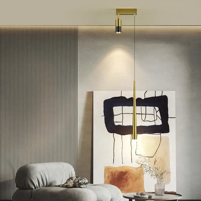 Modern golden pendant chandelier living room sleek cylindrical light