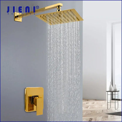 Modern golden plated rainfall shower system bathroom faucet combo