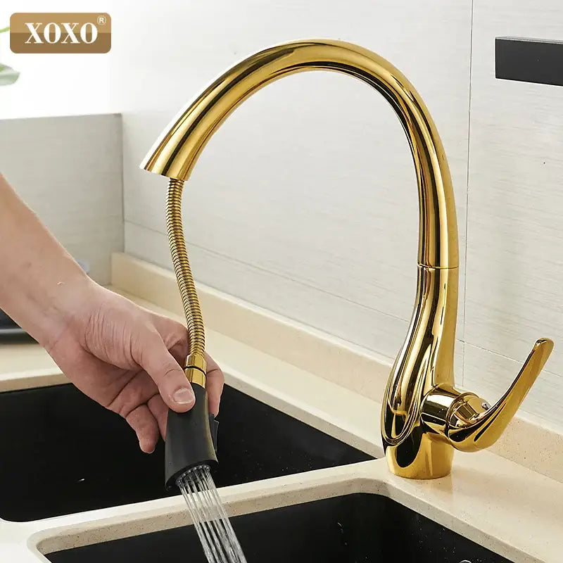 Modern golden pull out kitchen faucet chrome curved water mixer tap