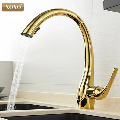Modern golden pull out kitchen faucet chrome curved water mixer tap