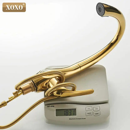 Modern golden pull out kitchen faucet chrome curved water mixer tap