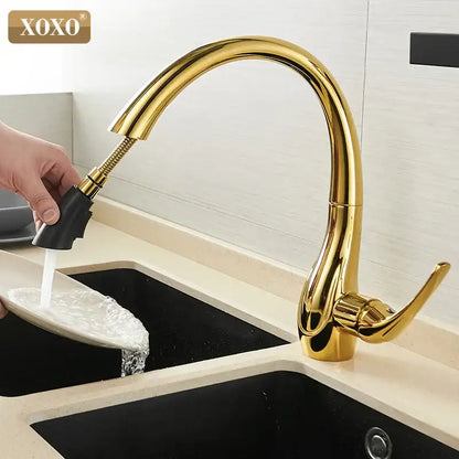Modern golden pull out kitchen faucet chrome curved water mixer tap