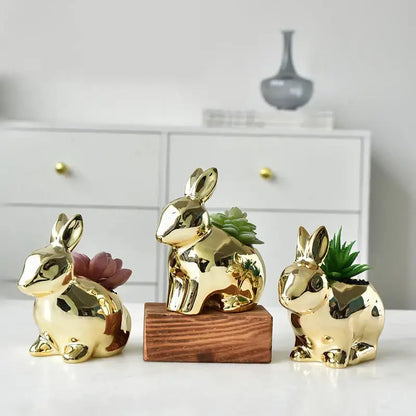 Modern golden rabbit ceramic flower pot living room succulent vase