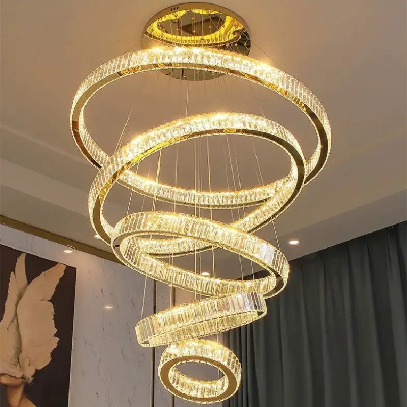 Modern golden spiral crystal round chandelier staircase pendant light