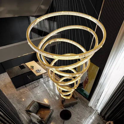 Modern golden spiral crystal round chandelier staircase pendant light