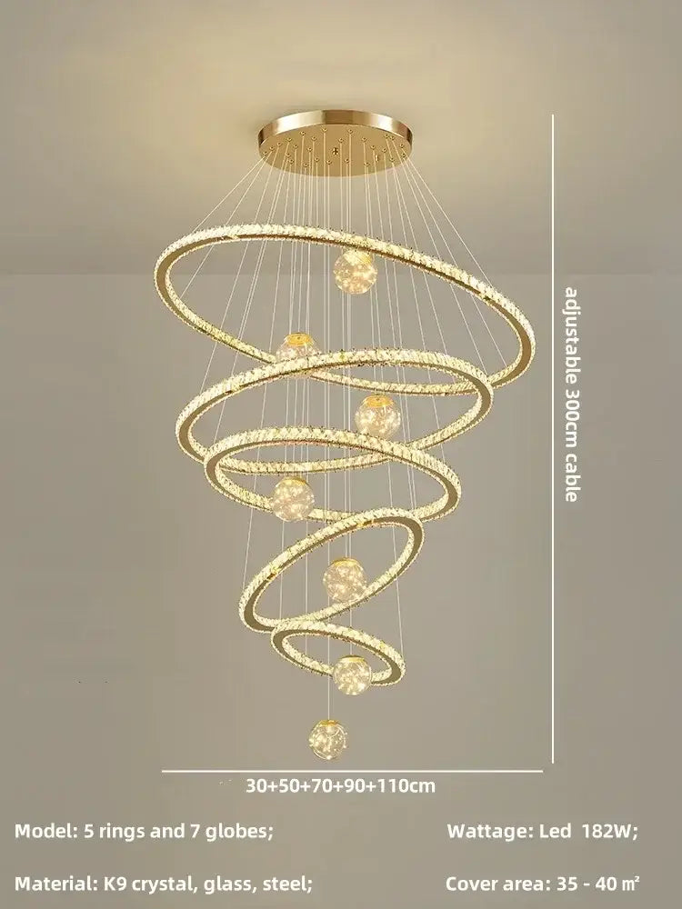 Modern golden spiral crystal led chandelier living room