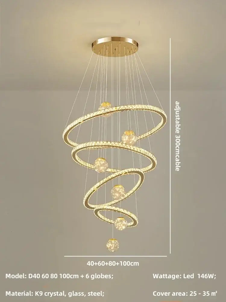 Modern golden spiral crystal led chandelier living room