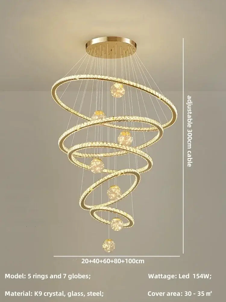 Modern golden spiral crystal led chandelier living room
