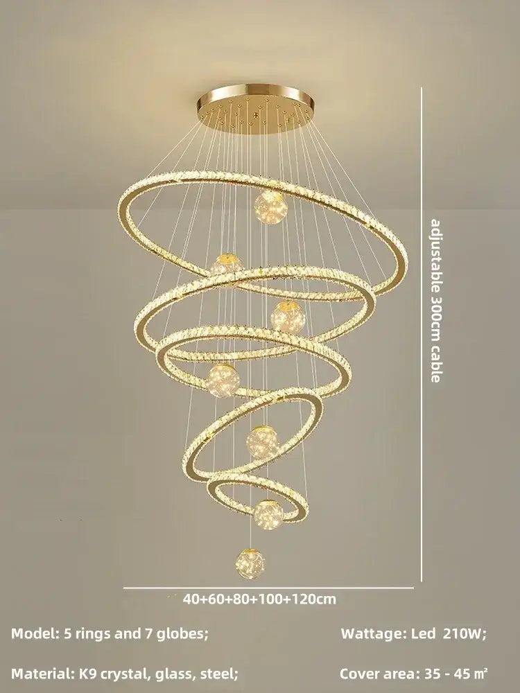 Modern golden spiral crystal led chandelier living room