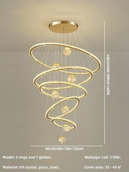 Modern golden spiral crystal led chandelier living room