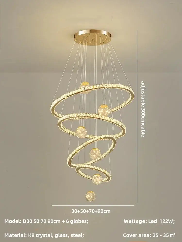 Modern golden spiral crystal led chandelier living room