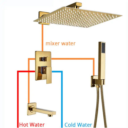 Modern golden square rain shower set bathroom concealed mixer taps
