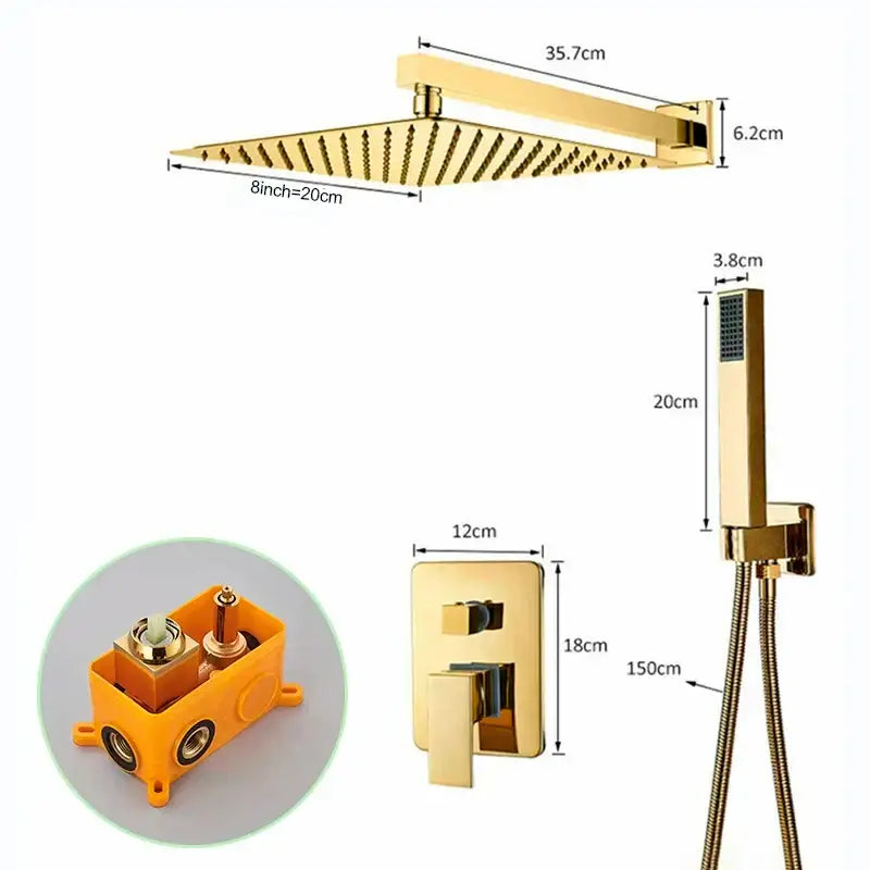 Modern golden square rain shower set bathroom concealed mixer taps