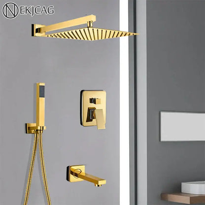 Modern golden square rain shower set bathroom concealed mixer taps