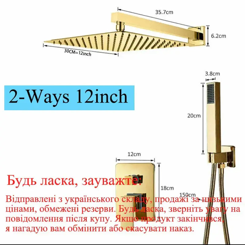Modern golden square rain shower set bathroom concealed mixer taps