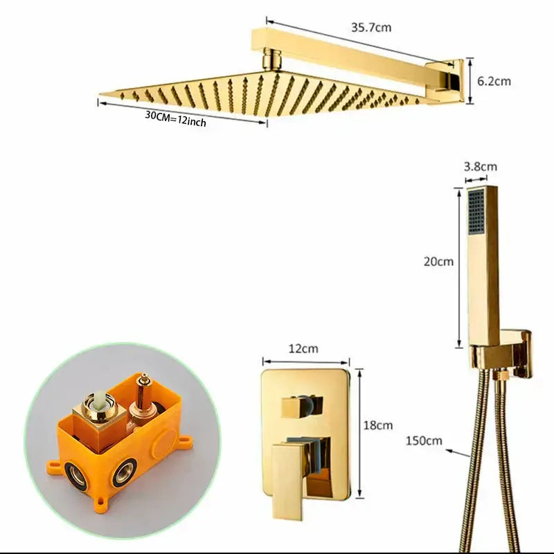 Modern golden square rain shower set bathroom concealed mixer taps