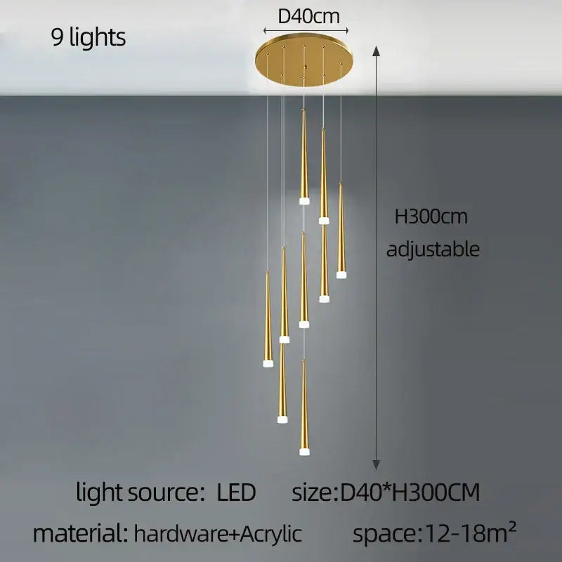 Modern golden tapered chandelier led living room pendant light
